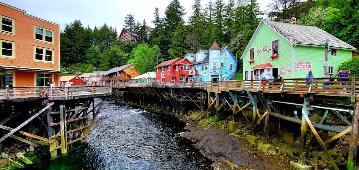Colorful stilt houses of Creek Street above the salmon stream in Ketchikan, Alaska