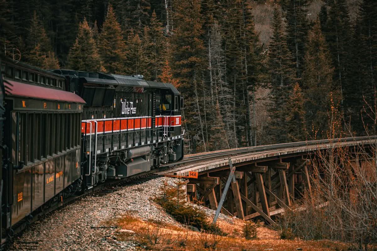 Scenic railway crossing a wooden trestle through mountain forest