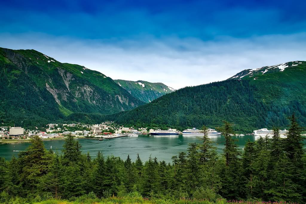 Juneau, Alaska waterfront with cruise ships along the Gastineau Channel