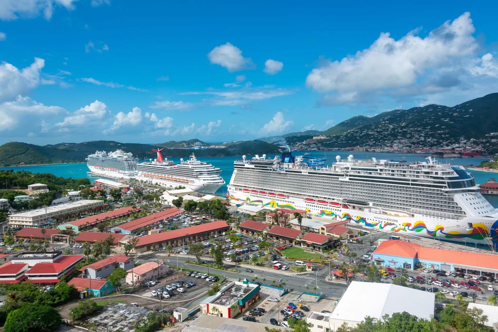 Stunning aerial view of luxurious cruise ships docked in a scenic harbor with hills and clear skies