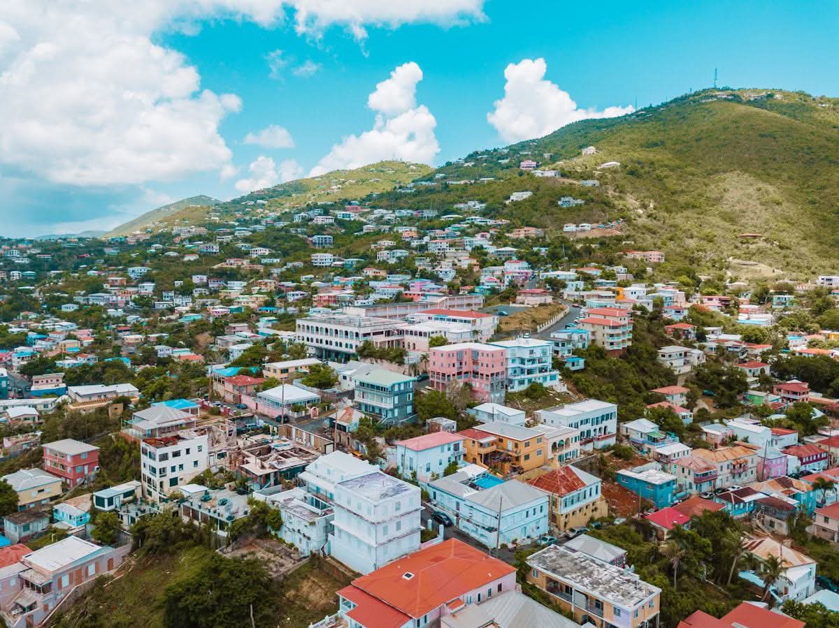 Colorful hillside houses of Charlotte Amalie above the harbor, St. Thomas, US Virgin Islands