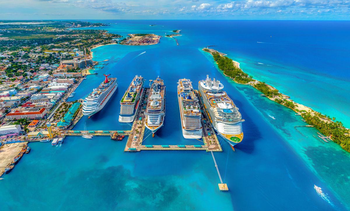 Aerial view of cruise ships lined up in a busy port