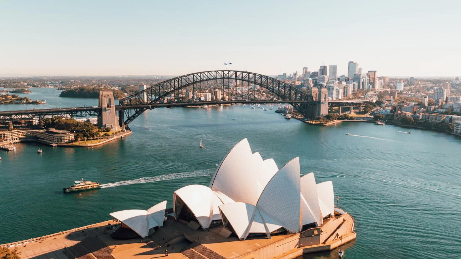 Sydney Opera House and Harbour Bridge from above the harbour